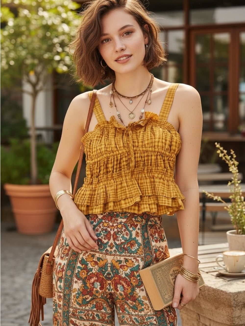Anthropologie Yellow Gingham Smocked Ruffle Cami Cottagecore  Top SIZE XS